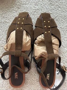 Zara Brown Suede Ankle-Wrap Sandals with Gold Buckle